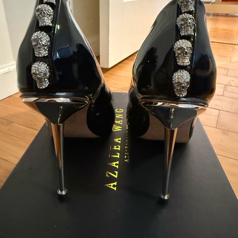 Azalea Wang Black and Silver Stiletto Heels with Skull Embellishments
